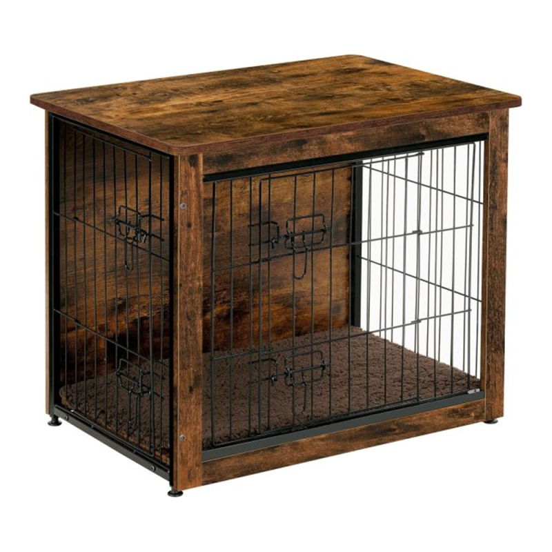 Dog crate end table with wooden frame and black metal panels