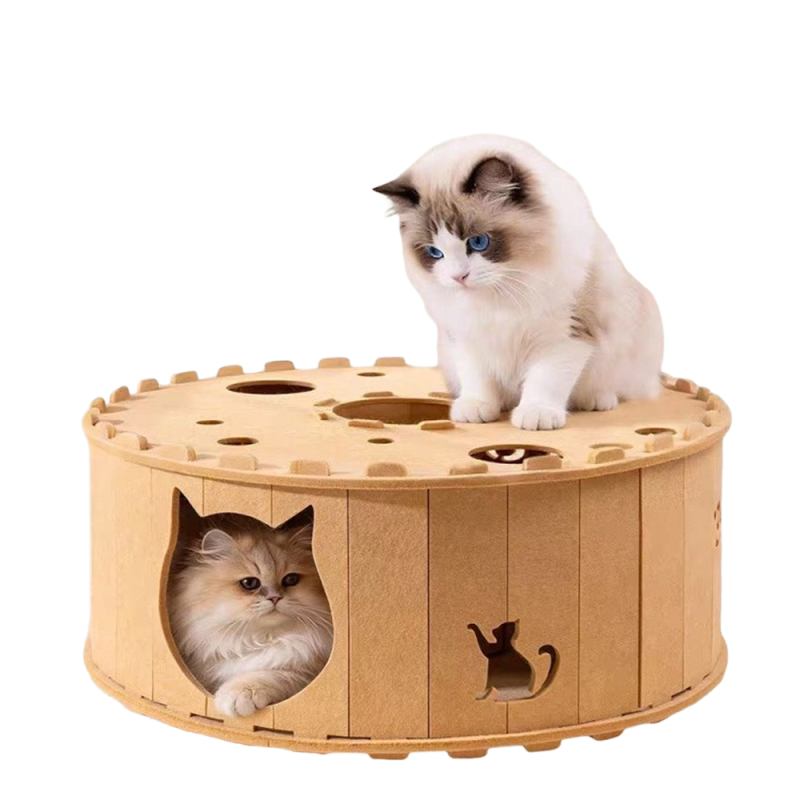 felt-cat-house-play-top-beige-01 Round felt cat house with interactive play holes and cat resting inside