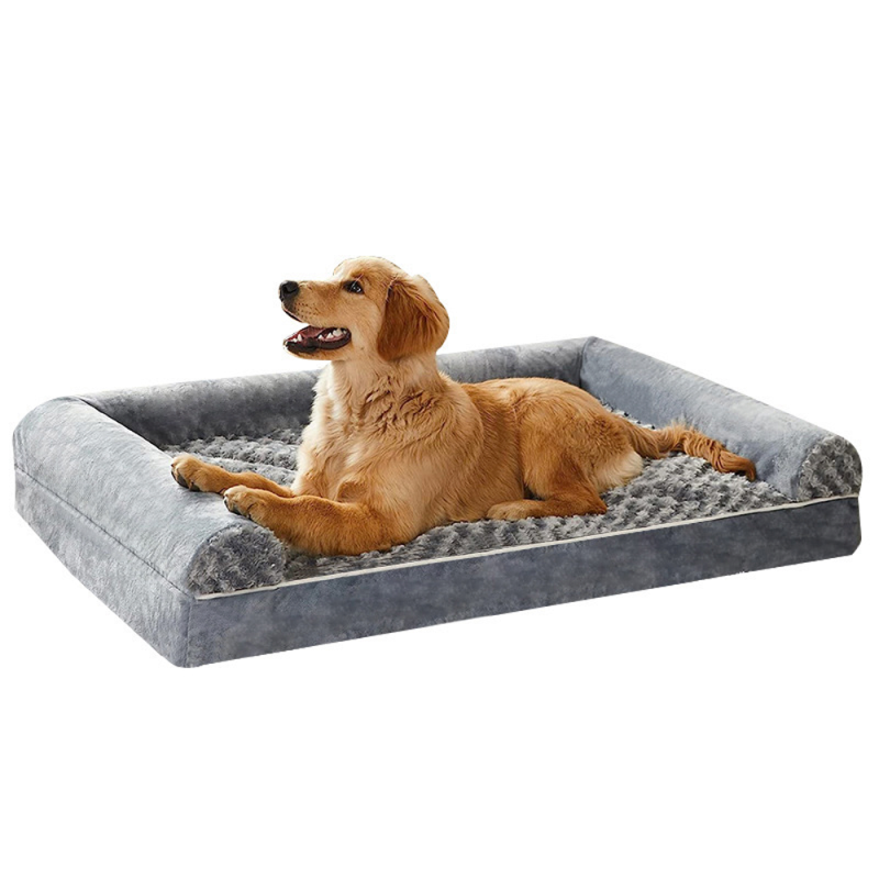 Gray foam bolster dog bed with raised sides and soft plush sleeping surface