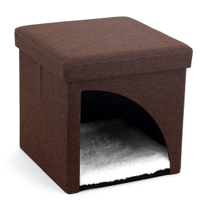 Brown foldable pet house and ottoman with soft interior cushion