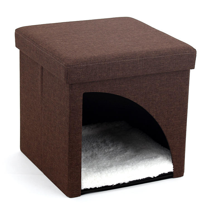 Brown foldable pet house and ottoman with soft interior cushion