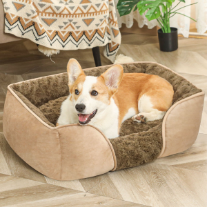 High-sided dog bed with low front entry and soft plush sleeping surface